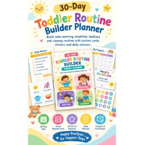 30-Day Toddler Routine Builder Planner printable PDF with routine charts, daily activities, progress tracker, and visual routine cards