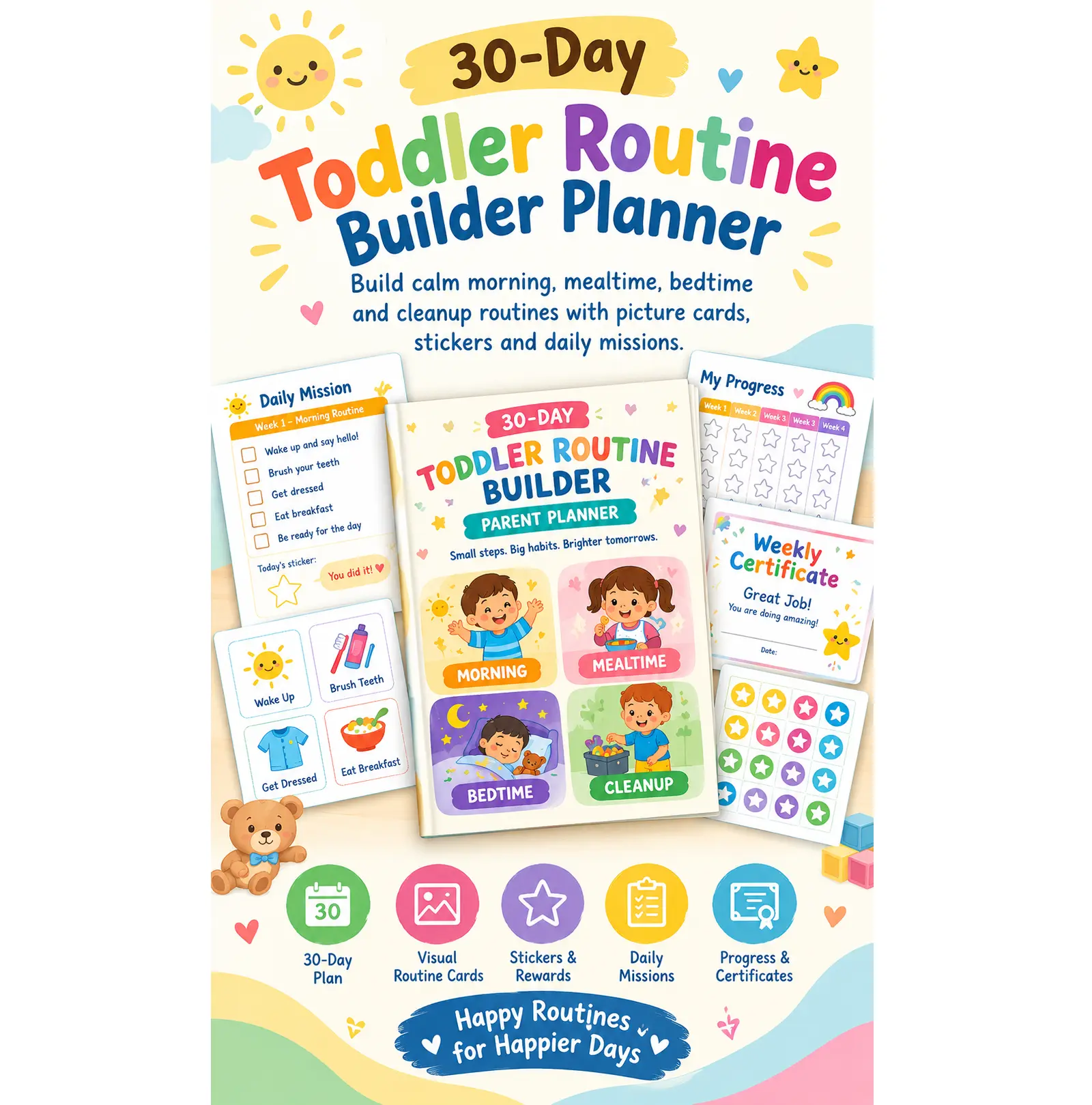 30-Day Toddler Routine Builder Planner printable PDF with routine charts, daily activities, progress tracker, and visual routine cards